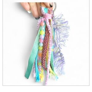 🐭 SALE! Boho multi media Colorful Tassel Keychain with Beads and fabric strands